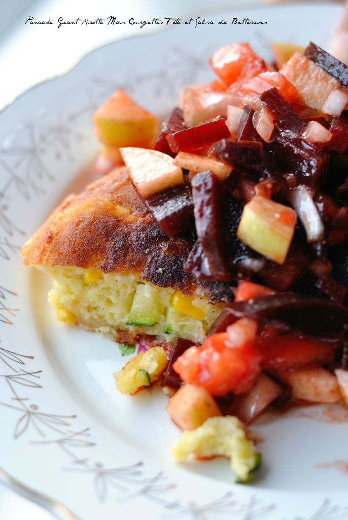 Pancake Géant RIcotta Maïs Courgettes Féta et Salsa de Betteraves 2
